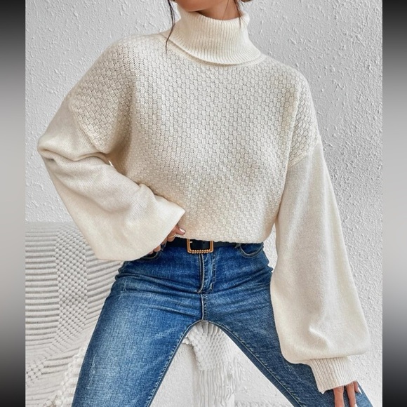 Comfy Turtleneck Twist Cut Out Criss Cross Back Bishop Sleeve Sweater Top - Picture 7 of 7